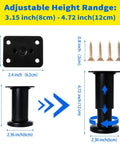 Heavy Duty Adjustable Furniture Support Legs Set, 4 Pack With Screws, Height Range 3.15 To 4.72 Inches, Black, dimensions diagram