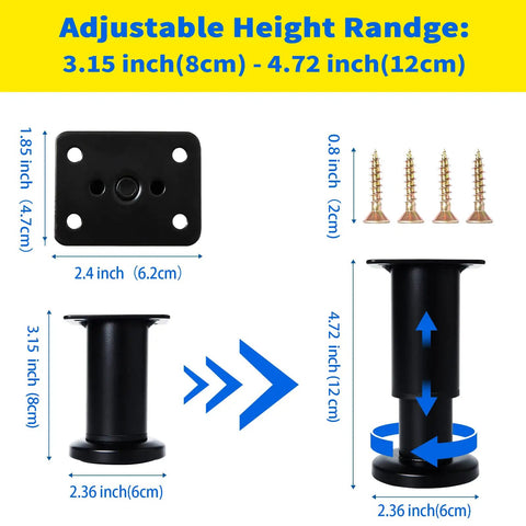 Heavy Duty Adjustable Furniture Support Legs Set, 4 Pack With Screws, Height Range 3.15 To 4.72 Inches, Black, dimensions diagram