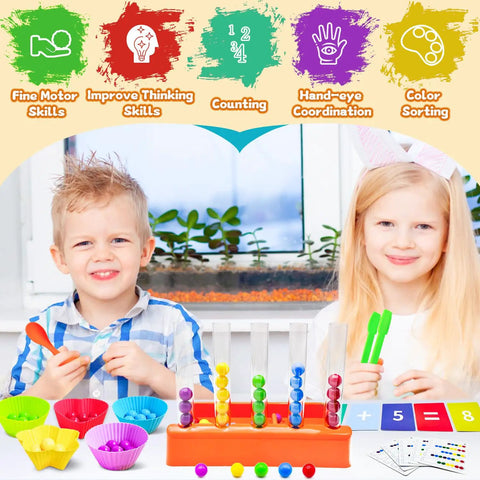 Kickstart Early Math Skills With This Awesome Color Sorting And Counting Toy Set For Toddlers; kids sorting colorful beads into tubes.