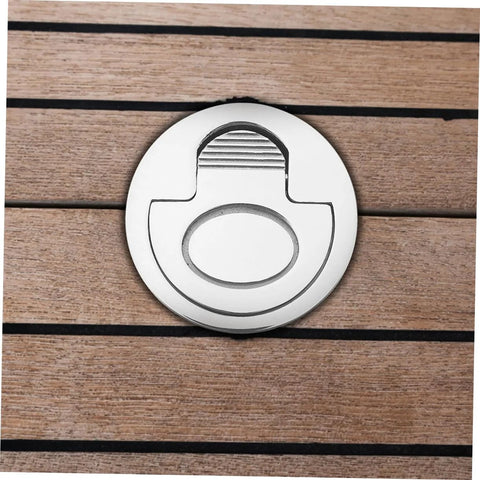 Front view of stainless steel flush pull ring handle for boat hatch mounted on wooden deck