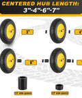Beefy 16 Inch Pneumatic Wheelbarrow Tire And Wheel Set With 4.80/4.00-8 Size displayed with various hub lengths and spacers