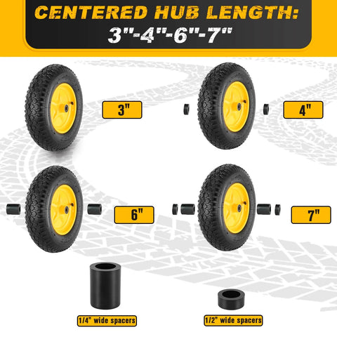 Beefy 16 Inch Pneumatic Wheelbarrow Tire And Wheel Set With 4.80/4.00-8 Size displayed with various hub lengths and spacers