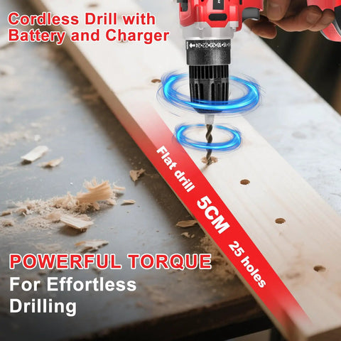 Cordless Drill Set With Battery And Charger, 21V Power Drill, 2-Speed Variable Torque, drilling into wooden board