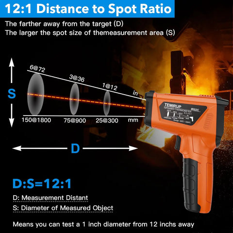 Non Contact Infrared Thermometer Gun With Color LCD And Laser, showing 12:1 distance to spot ratio for precise readings.