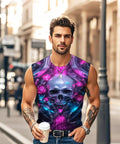 Mens 3D Printed Skull Sleeveless Muscle Tank Top Moisture Wicking And Quick Dry Gym Fit worn by man holding coffee in city street.
