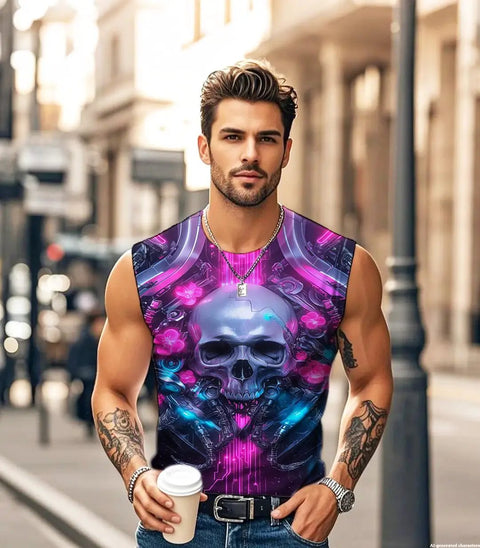 Mens 3D Printed Skull Sleeveless Muscle Tank Top Moisture Wicking And Quick Dry Gym Fit worn by man holding coffee in city street.