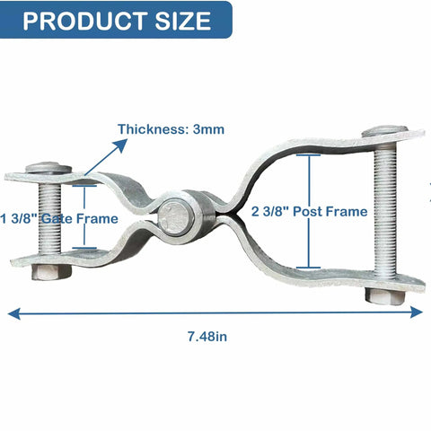 Heavy Duty Chain Link Fence Gate Hinge Kit 1-3/8 To 2-3/8 Inch Galvanized Steel dimensions diagram showing thickness and width