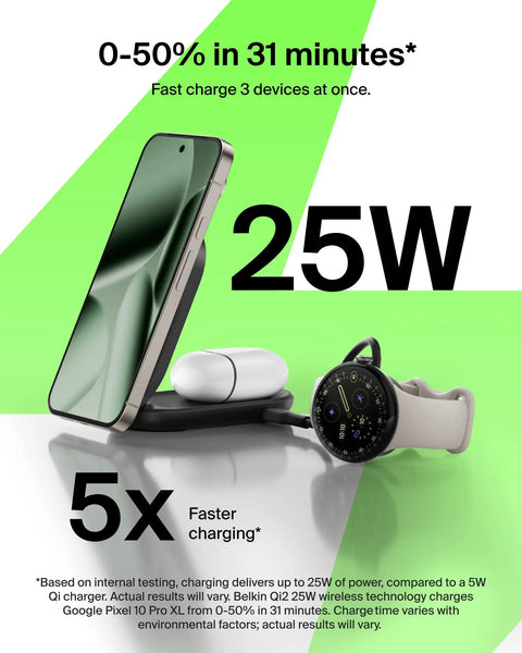 MagSafe 25W Wireless Charger Stand 2-in-1 Dock With Qi2.2 Fast Charge Foldable Phone Stand 5W USB-C Pass-Through Compatible With iPhone 17 16 15 Pixel 10 AirPods 45W Adapter Included charging iPhone, AirPods, and smartwatch.