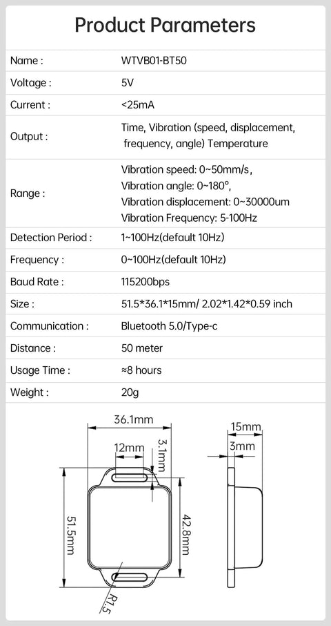3 Axis Smart Vibration Sensor Module For Arduino Real Time 3D Vibration Data With Temperature Speed Displacement Amplitude And Wireless Shock Monitoring For Easy Prototyping And Quick No Nonsense Condition Monitoring, product parameters and dimensions