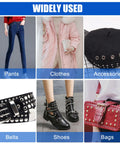 Various uses of Grab And Go No Fuss All In One Manual Rivet Press Kit on pants, clothes, accessories like belts, shoes, bags