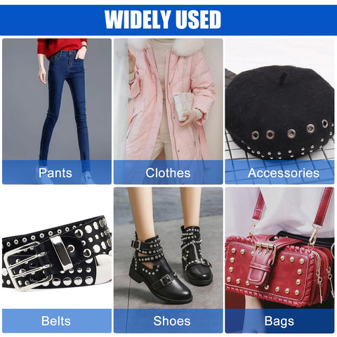 Various uses of Grab And Go No Fuss All In One Manual Rivet Press Kit on pants, clothes, accessories like belts, shoes, bags