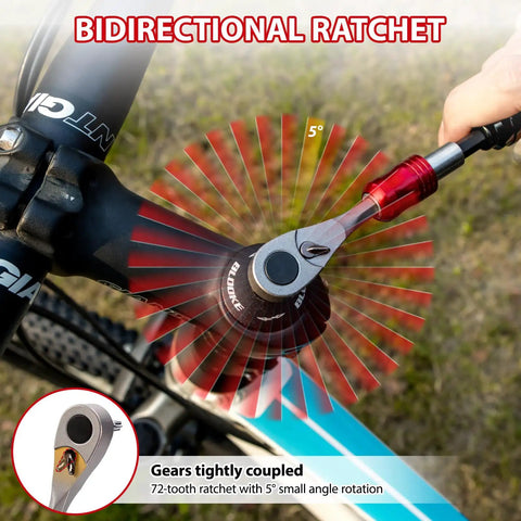Portable Bike Repair Tool Kit With Ratchet Wrench And Ten Bits, showing bidirectional ratchet with 5° rotation on bike handle.