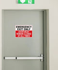 Emergency Exit Sticker Self Adhesive Red Sign That Grabs Attention on gray door, UV weather scratch water fade resistant, 10x7.1 in