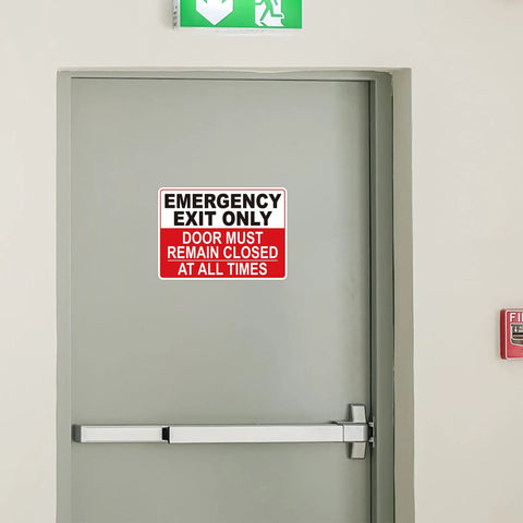 Emergency Exit Sticker Self Adhesive Red Sign That Grabs Attention on gray door, UV weather scratch water fade resistant, 10x7.1 in