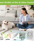 Woman with dog on sofa using Must Have 22 Pack Replacement Vacuum Bags For Roomba I7 I7 Plus I8 Plus with dirt particle blocking display
