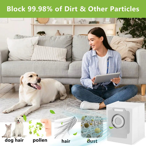 Woman with dog on sofa using Must Have 22 Pack Replacement Vacuum Bags For Roomba I7 I7 Plus I8 Plus with dirt particle blocking display