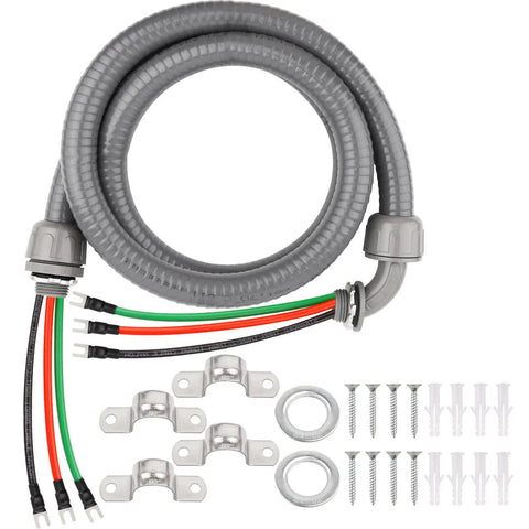 Six Foot Non Metallic Liquid Tight Conduit Kit with pre wired 1/2 inch electrical whip, 10 AWG THHN copper conductors, connectors included.