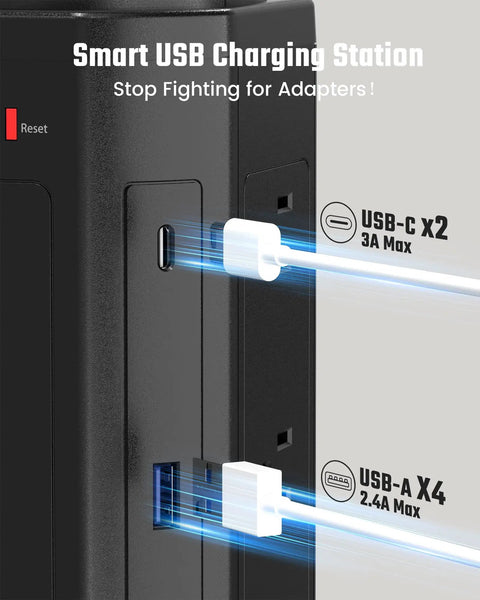Close-up of USB ports on Power Strip Surge Protector Tower With 12 AC Outlets And 6 USB Ports Including 2 USB C