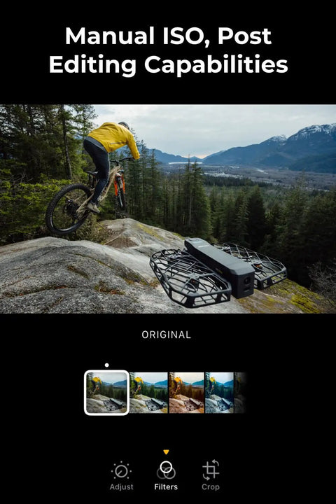 Lit 8K Action Flying Camera Drone capturing mountain biker in action with manual ISO, post editing features displayed.