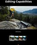4K Foldable Action Camera Drone With SmoothCapture 2.0 capturing bike jump over rocky terrain with manual ISO and editing options