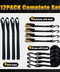 12-pack complete set with 4 ratchet straps, hooks, and soft loops. Four Pack Ratchet Straps 15 Feet 1800 LB Break Strength Heavy Duty Retracting Tie Down Straps Set For Truck Motorcycle ATV UTV Cargo Trailers No Fuss Hauling In Any Weather
