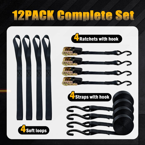 12-pack complete set with 4 ratchet straps, hooks, and soft loops. Four Pack Ratchet Straps 15 Feet 1800 LB Break Strength Heavy Duty Retracting Tie Down Straps Set For Truck Motorcycle ATV UTV Cargo Trailers No Fuss Hauling In Any Weather
