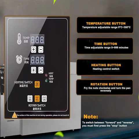 Control panel of Heavy Duty Electric Nut And Coffee Bean Roaster With Thumb Turn Temp Dials Auto Shutoff, showing settings.