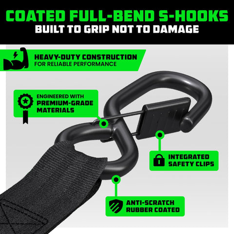 Heavy Duty Ratchet Straps Kit Four Pack 1.6 Inch By 8 Feet With 5000 Lb Break Strength, black S-hook with safety clip
