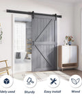 Grey Wood Sliding Barn Door With Rustic Farmhouse Style Premium Spruce Construction For Elegant Home Decor in modern interior.