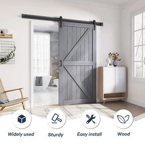 Grey Wood Sliding Barn Door With Rustic Farmhouse Style Premium Spruce Construction For Elegant Home Decor in modern interior.