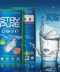 Packaging of Portable Water Filter Pod for Travel and Camping, 250 Gallon Capacity, shown with water glass and splash effect.