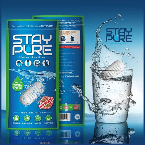 Packaging of Portable Water Filter Pod for Travel and Camping, 250 Gallon Capacity, shown with water glass and splash effect.