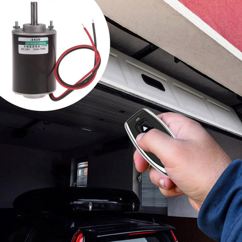 Rock Solid Permanent Magnet Dc Motor 12 24 Volt 30 Watt Ultra Compact Reversible Drive with wires in a garage door setup.