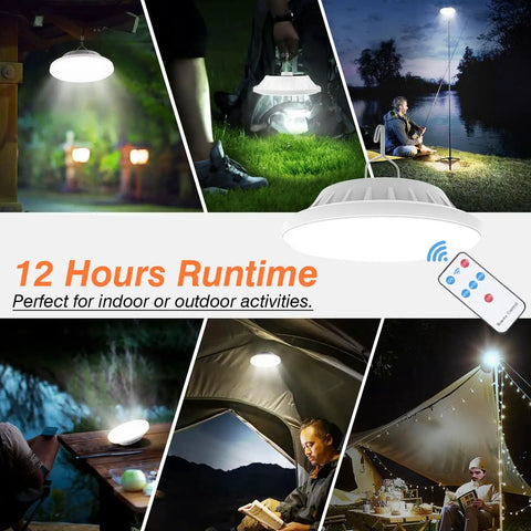 Collage showing Ultra Bright 4000LM Camping Lantern with remote, USB rechargeable, used outdoors at night.