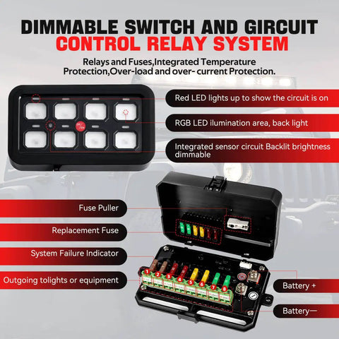 8 Gang RGB Toggle Switch Panel With Momentary Pulsed Memory, Auto Dim, On Off LED Touch Box for Universal Relay System, 12/24V IP65 Waterproof