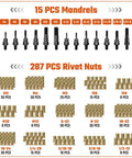 Awesome 16 Inch Rivet Nut Tool Kit With 15 Replaceable Mandrels And 287 High Grade Rivnuts For Metric And SAE Uses Plus Sturdy Storage Case mandrels and rivet nuts