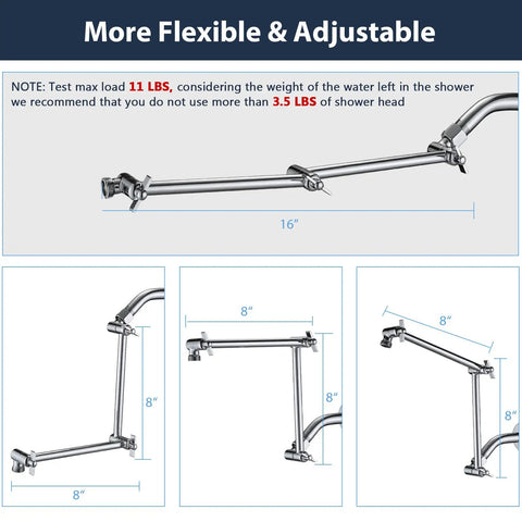 16 Inch Shower Arm Extension Solid Brass Adjustable Height With Universal G1/2 Connection Chrome Finish Dimensions Detail