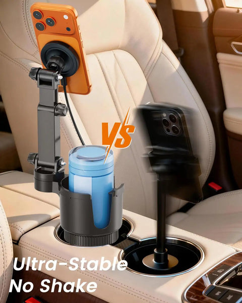 MagSafe Car Charger Cup Holder Mount For iPhone 17 Pro Max And iPhone 16 15 14 13 Series, 15W Wireless Fast Charging With Magnetic Alignment, Adjustable Car Mount With Large Cup Base, Black Gray showing stable installation in car.