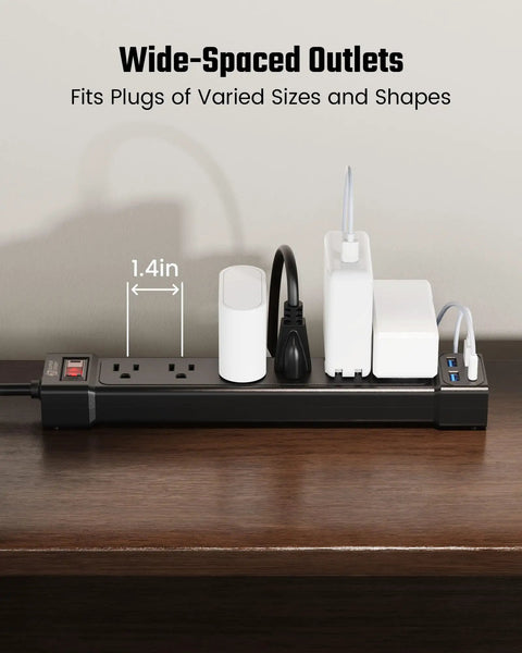 Six Outlet Surge Protector With Four USB Ports And Flat Plug Extension Cord Wall Mount Power Strip For Home Office Dorm 1250W