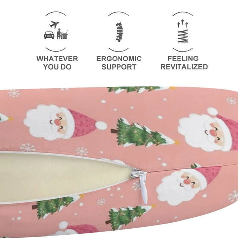 Women's Travel Neck Pillow For Sleeping And Napping On The Go, Comfy Soft Polyester Comfort, Ultra Portable, Christmas Pink Design