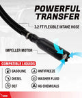 Heavy Duty Electric Fuel Transfer Pump For 15 To 55 Gallon Drums 3.3 Gpm Flow with 3.2 ft flexible intake hose and impeller motor.