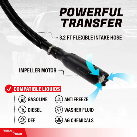Heavy Duty Electric Fuel Transfer Pump For 15 To 55 Gallon Drums 3.3 Gpm Flow with 3.2 ft flexible intake hose and impeller motor.