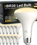 12 Pack Br30 Flood Light Bulbs For Indoor Recessed Fixtures Soft White 2700K with a box and bulbs in an arranged display.