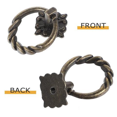 6pc Antique Bronze Cabinet Pull Handles Set showing front and back view of handles, retro style hardware for furniture