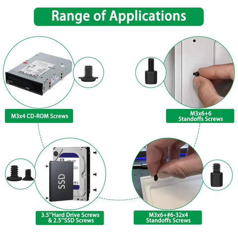 516Pcs Computer Screw Kit With 6-32 And M3 Standoffs for CD-ROMs, SSDs, ATX chassis applications illustrated in use