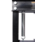 Close-up of 12 Ton Hydraulic Shop Press with Floor Mount Adjustable Working Table Height includes press plates and durable black finish.