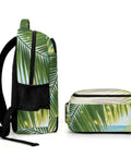 Side view of Sunlit Seaside Botanical Print Unisex Backpack Large Capacity Durable Polyester Daypack with palm leaf design