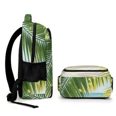 Side view of Sunlit Seaside Botanical Print Unisex Backpack Large Capacity Durable Polyester Daypack with palm leaf design