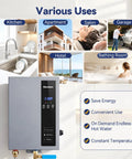 18Kw Electric Tankless Water Heater Delivers Kickin Instant Heat At 240V With 4.9 GPM Flow, shown mounted with kitchen & bathroom scenarios.