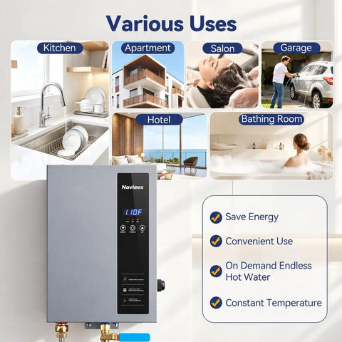 18Kw Electric Tankless Water Heater Delivers Kickin Instant Heat At 240V With 4.9 GPM Flow, shown mounted with kitchen & bathroom scenarios.